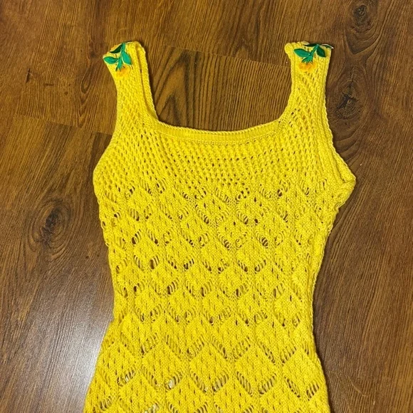 🌷 Crochet Knit Floral Embroidery Dress 🌷 Vibrant Yellow - Picture 12 of 14